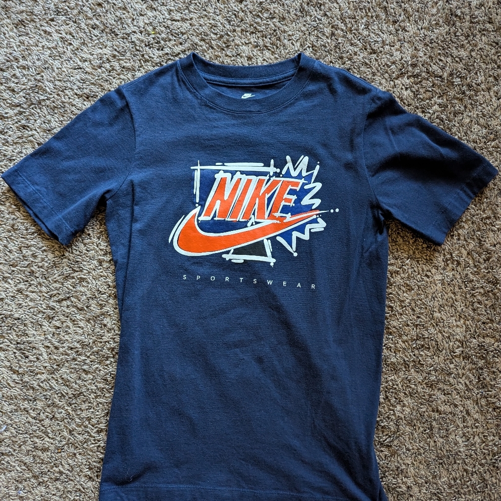 Nike Sportswear Kid's Orange Logo Swoosh Nike Tee Blue Shirt Size Large